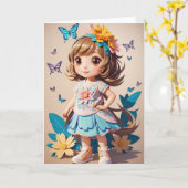 Fille de dessin animé avec fleurs | Carte (Fleur jaune)