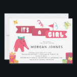 Fille de la fête des éléphants | Invitation Baby s<br><div class="desc">Jolie invitation de baby shower d'éléphant présente de jolies illustrations avec ballons et rubans, et votre script personnalisé en police spéciale "C'est une fille". Les couleurs sont ajustées en conséquence en orange, rouge et turquoise. Toutes les informations sont personnalisables avec un clic du bouton et vous avez une invitation très...</div>