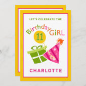 Fille de la fête rose 11e Invitation anniversaire (Devant / Derrière)