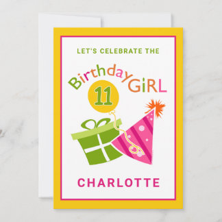 Fille de la fête rose 11e Invitation anniversaire