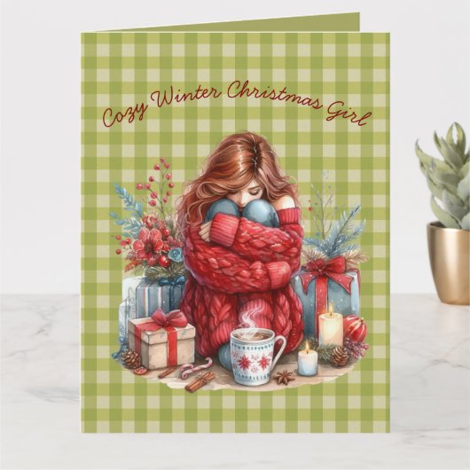 Fille de Noël d'hiver cosy Vert Olive Carte de vœu (Petite plante)