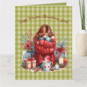 Fille de Noël d'hiver cosy Vert Olive Carte de vœu (Devant)