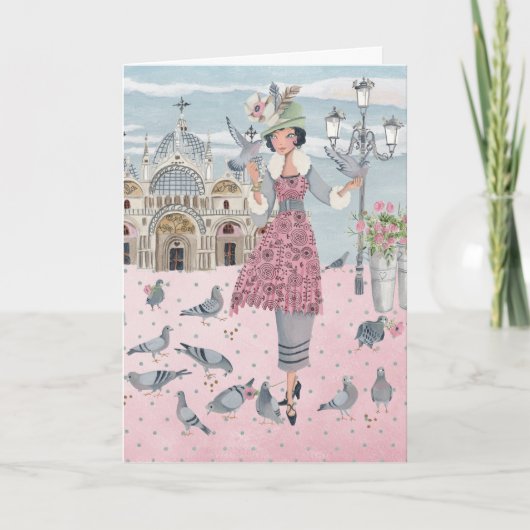 Fille de pigeons dans la carte de voeux de Venise (Devant)