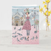 Fille de pigeons dans la carte de voeux de Venise (Fleur jaune)