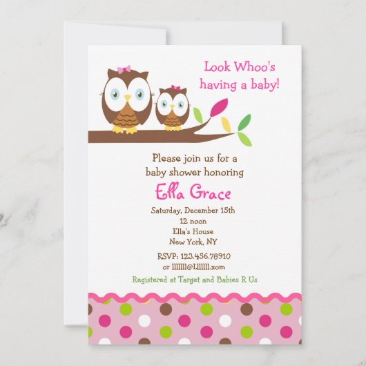 Fille des invitations à la douche pour bébés Hibou (Devant)
