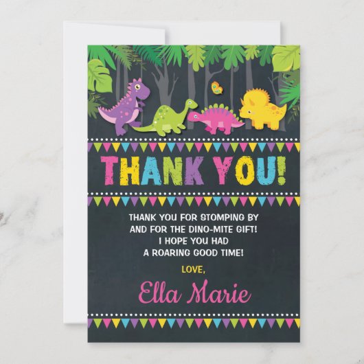 Fille Dinosaur fête d'anniversaire Carte de remerc (Devant)