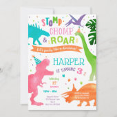 Fille Dinosaur T-rex Invitations de fête d'anniver (Devant)