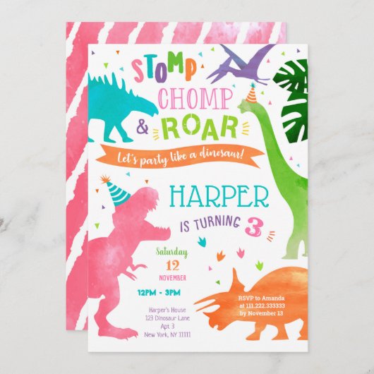 Fille Dinosaur T-rex Invitations de fête d'anniver (Devant / Derrière)