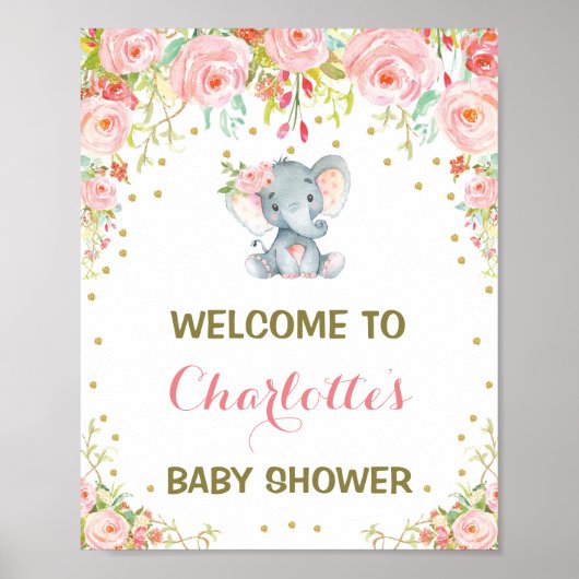 Fille Eléphant Baby shower rose Floral Affiche de  (Devant)