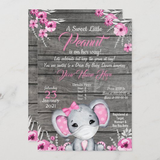 Fille Elephant Drive Par Baby shower Invitation ro (Devant / Derrière)