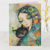 FILLE ET CHAT CARTE DE SALUT D'ANNIVERSAIRE DE L'A (Fleur jaune)