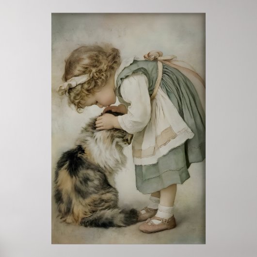 Fille et chat impression antique, Vert sauge rusti (Devant)