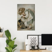 Fille et chat impression antique, Vert sauge rusti (Bureau à domicile)