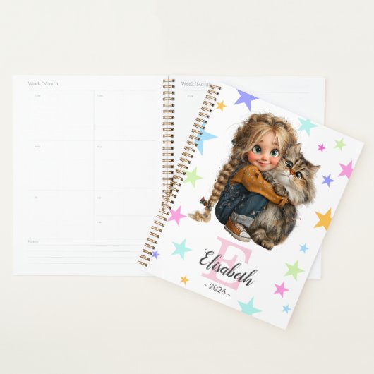 Fille et chaton monogramme initiale et nom (Devant avec enveloppe)