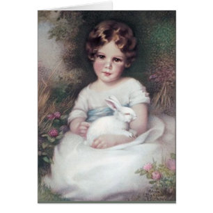 Fille et lapin, art vintage