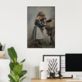 Fille étreint une vache Impression antique, Ferme (Bureau à domicile)