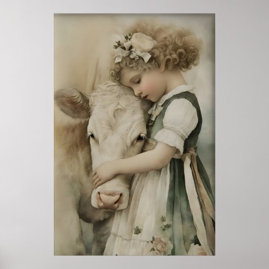 Fille étreint une vache, impression antique, vert (Devant)