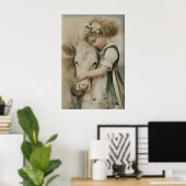 Fille étreint une vache, impression antique, vert (Bureau à domicile)
