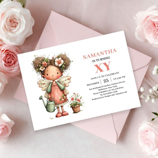 Fille Fée Capriceuse Invitation Anniversaire Rose 