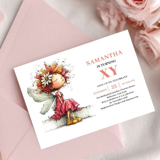Fille fée enchantée Invitation d'anniversaire fleu