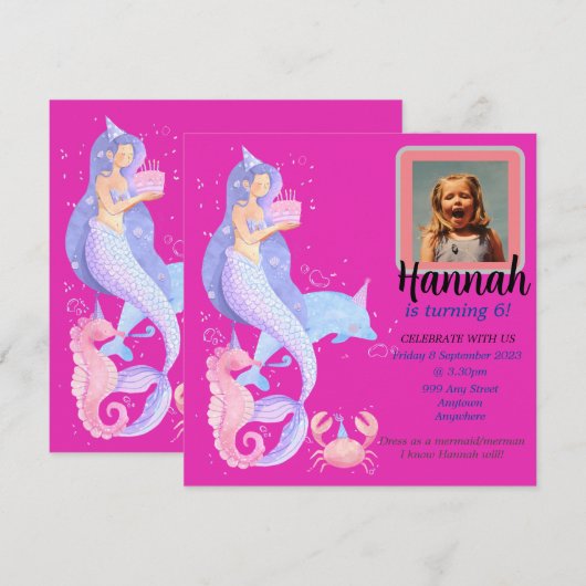 Fille Fille Sirène thème Invitation (Devant / Derrière)