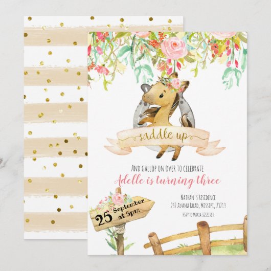 Fille Floral Cheval Saddup Anniversaire Invitation (Devant / Derrière)