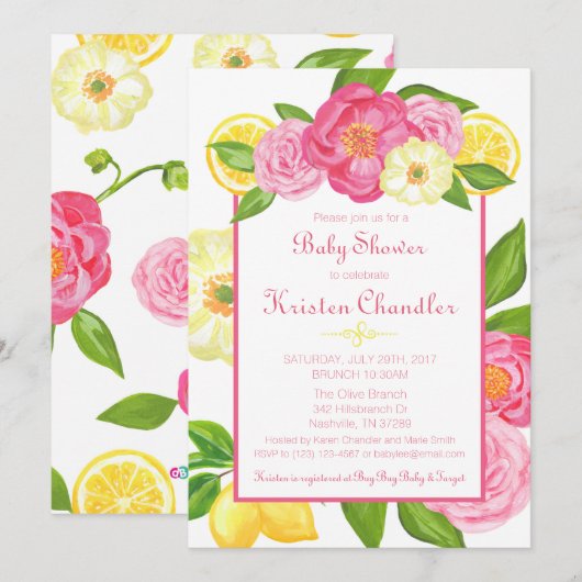Fille Floral Garden Baby shower citron Invitation (Devant / Derrière)