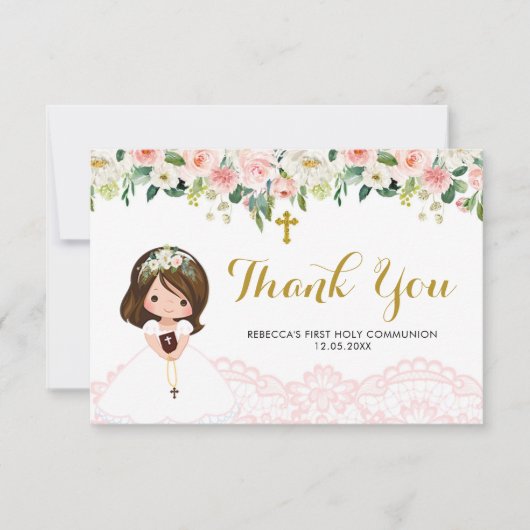 Fille Floral rose première communion Carte de reme (Devant)
