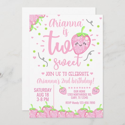 Fille fraise invitation de 2e anniversaire, Two Sw (Devant / Derrière)
