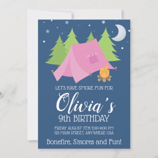 Fille Glamping Camping invitation de fête d'annive (Devant)