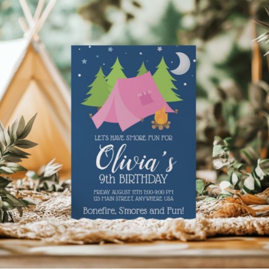 Fille Glamping Camping invitation de fête d'annive