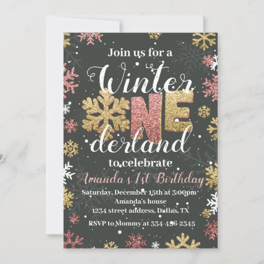 Fille Hiver Onederland Anniversaire Invitation Or (Devant)