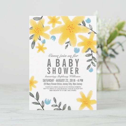 Fille Invitation de Baby shower jaune tropical (Debout devant)