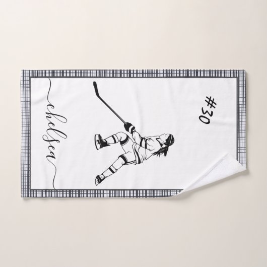 Fille jouant au hockey sur glace Nom et numéro du  (Serviette à main)