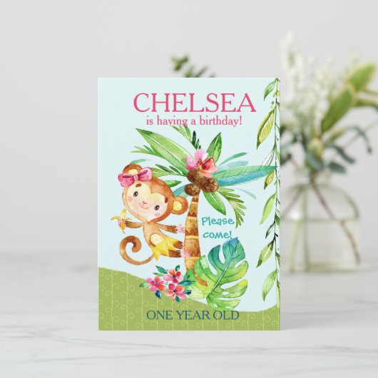 Fille Joyeux Singe Bleu Anniversaire Invitation (Debout devant)