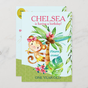 Fille Joyeux Singe Bleu Anniversaire Invitation