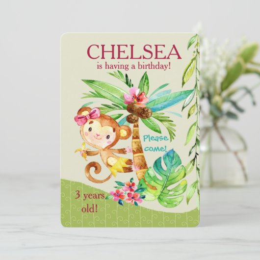 Fille Joyeux Singe Invitation d'anniversaire (Debout devant)