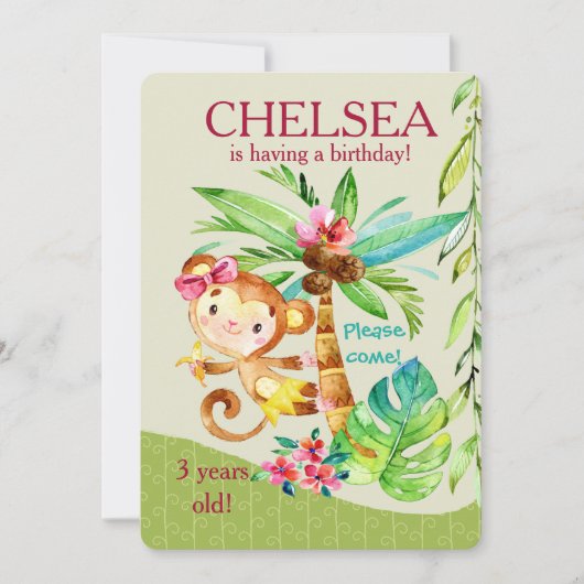 Fille Joyeux Singe Invitation d'anniversaire (Devant)