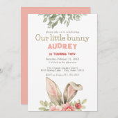 Fille Lapin Rose Floral Invitation Anniversaire (Devant / Derrière)