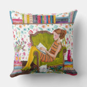 Fille lisant avec chat | Coussin de jet en coton (Verso)