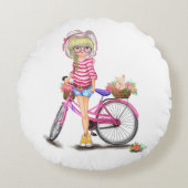Fille mignonne avec Coussin rond Vélo rose (Devant)