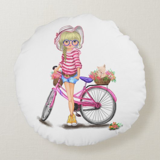 Fille mignonne avec Coussin rond Vélo rose (Dos)