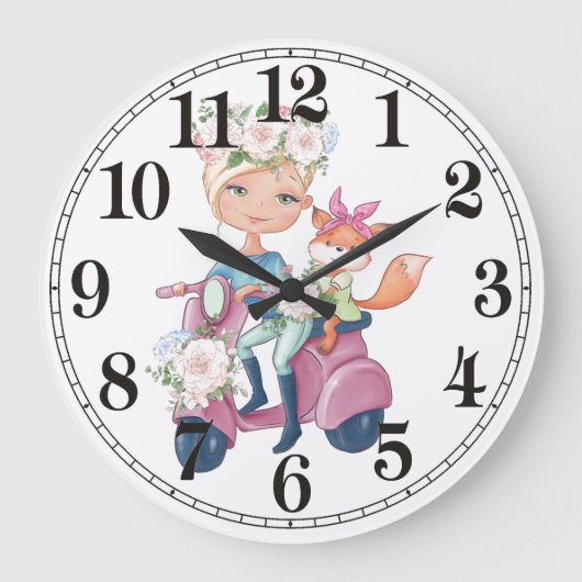 Fille mignonne sur Scooter avec Fox Wall Horloge (Recto)