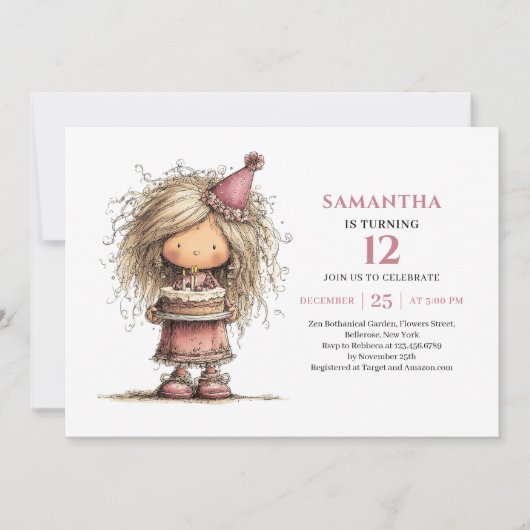 Fille originale Invitation Anniversaire Rose Pouss (Devant)
