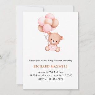 Fille Ours avec ballons Baby shower Invitation