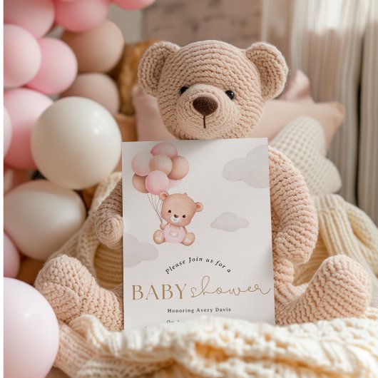 Fille Ours avec ballons Baby shower Invitation