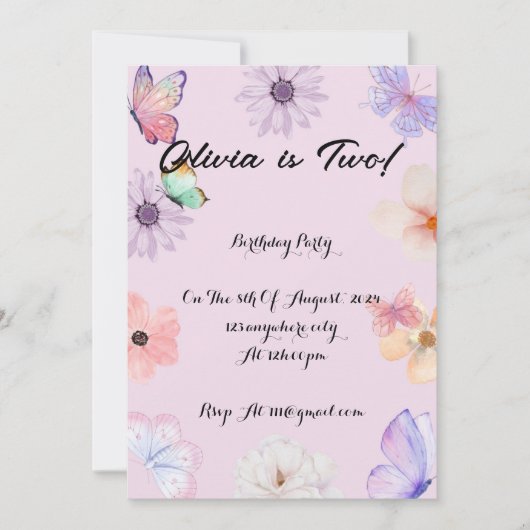 Fille papillon florale invitation anniversaire fil (Devant)