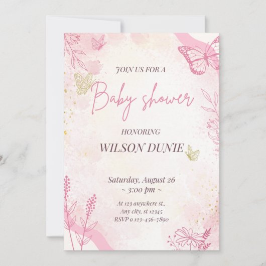 Fille papillon rose Floral Invitation Baby shower (Devant)