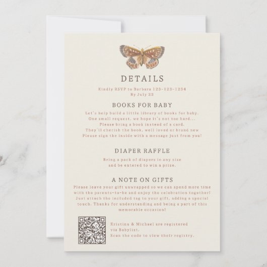 Fille papillon tout en un Baby shower Invitation (Dos)