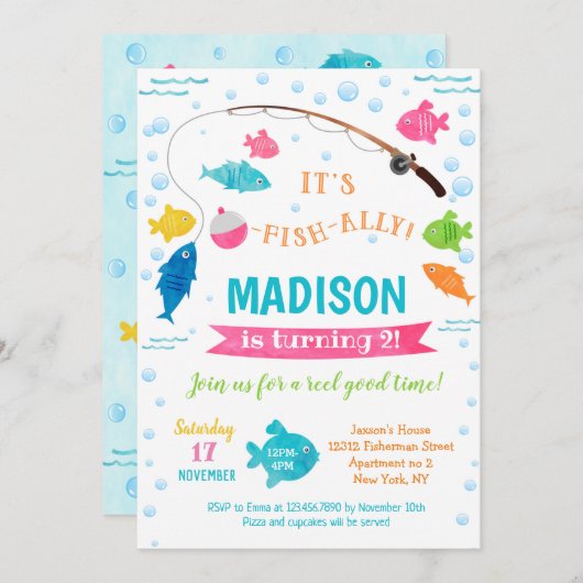 Fille Pêche Invitations Anniversaire 2e 3e 4e (Devant / Derrière)